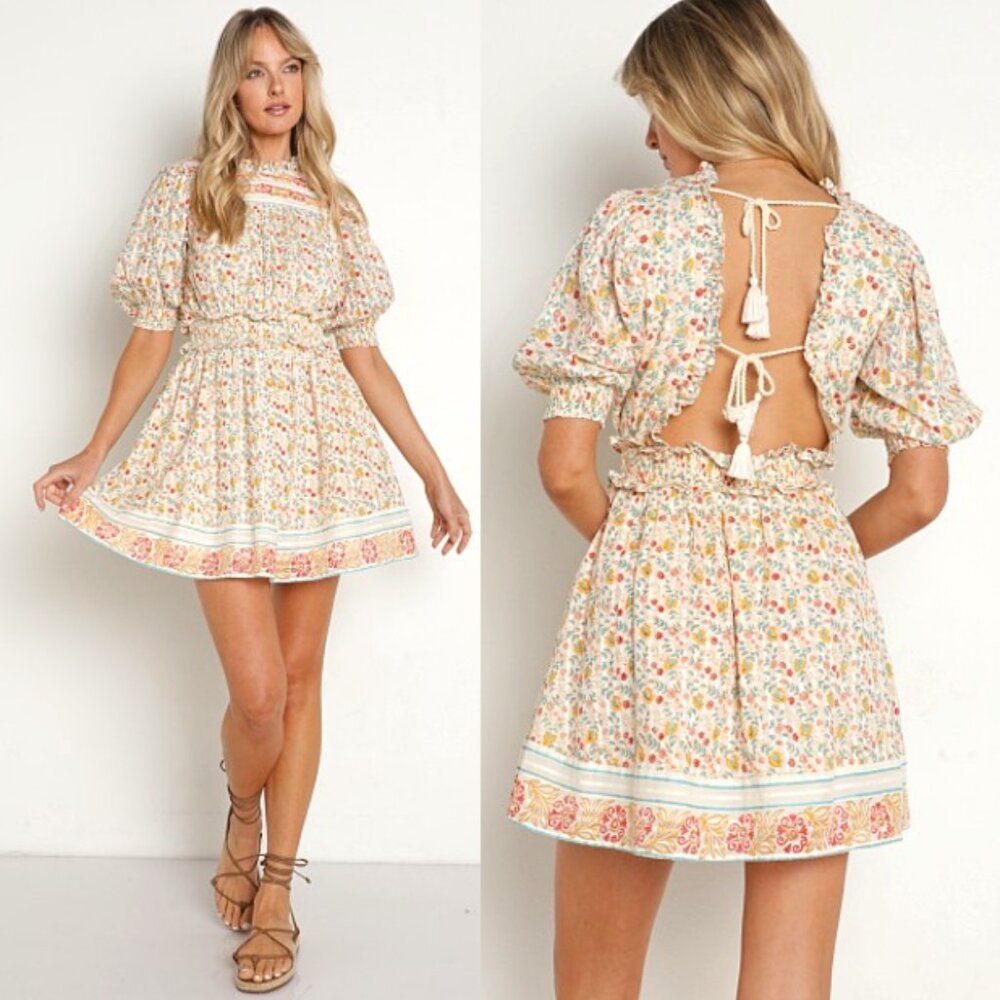 CLEOBELLA Dallas Carnation Dainty Summer Floral Open Back Mini Dress Size L